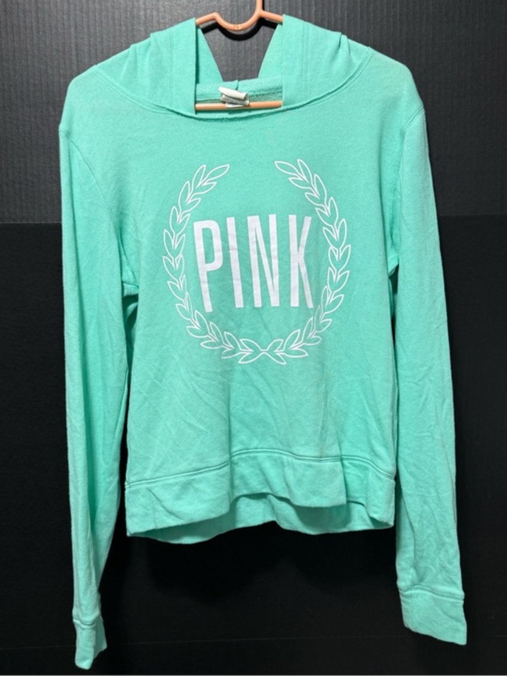 🍄PINK Mint Green Square Raw Edge Neckline Hoodie